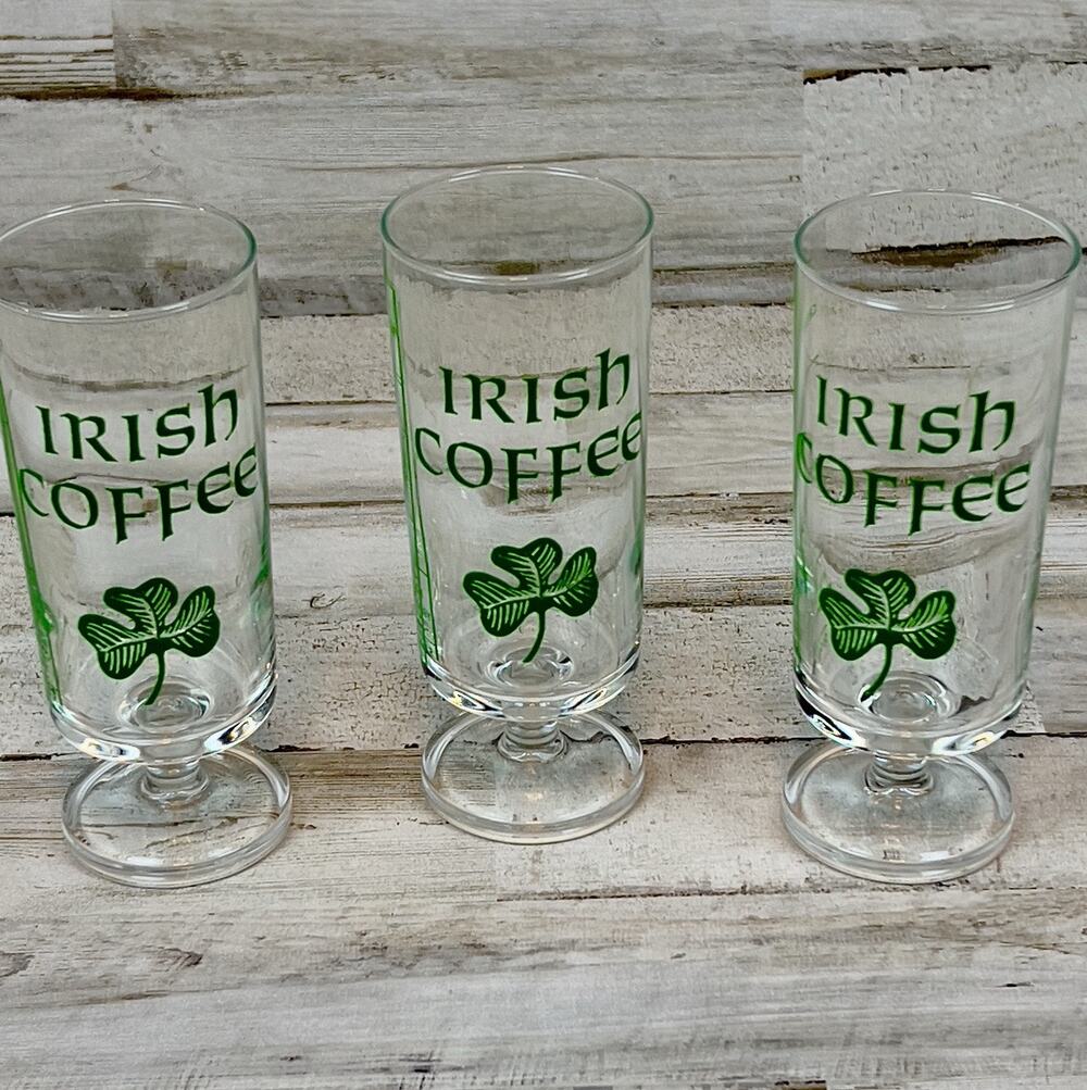 Vintage Irish Coffee Glasses Set 3 Shamrock Recipe Measuring Pedestal Goblets